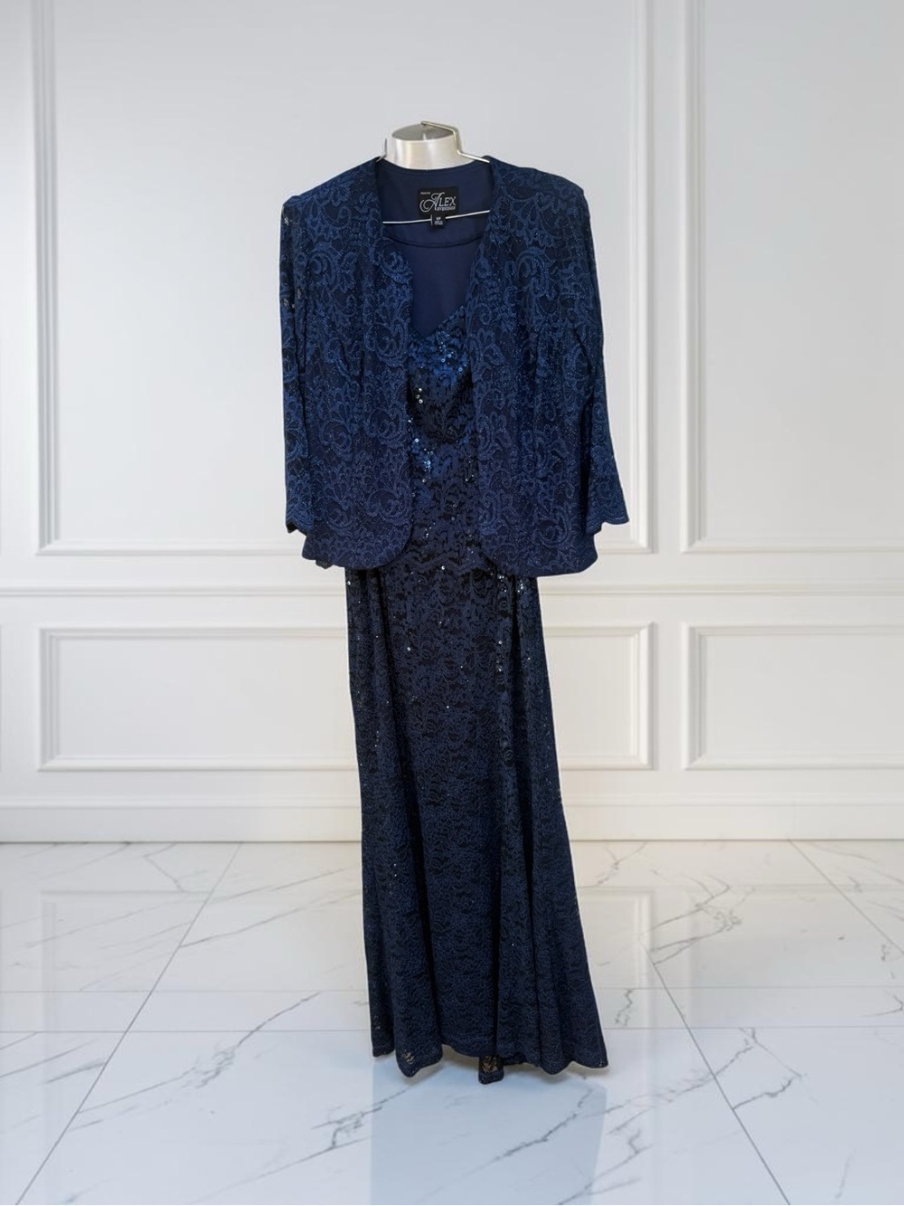 Alex Evenings Navy Beaded Lace Evening Gown with Jacket - Picture 2 of 6